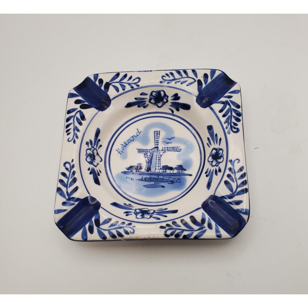 Vintage Delft Blue Style Square Ceramic Ashtray - Holland Windmill Motif